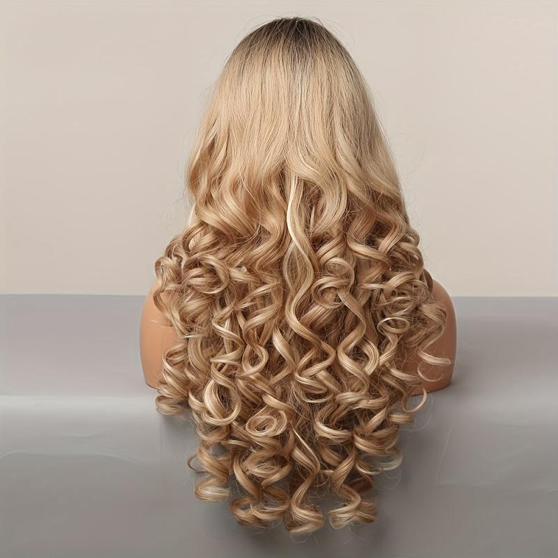 Long Ombre Wavy Wig Dark Roots Synthetic Hair Bangs Natural Look