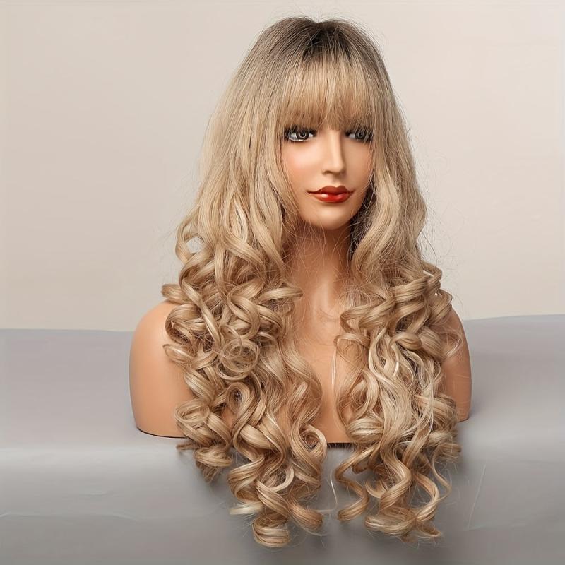 Long Ombre Wavy Wig Dark Roots Synthetic Hair Bangs Natural Look