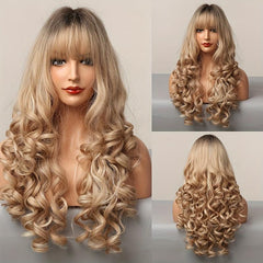 Long Ombre Wavy Wig Dark Roots Synthetic Hair Bangs Natural Look