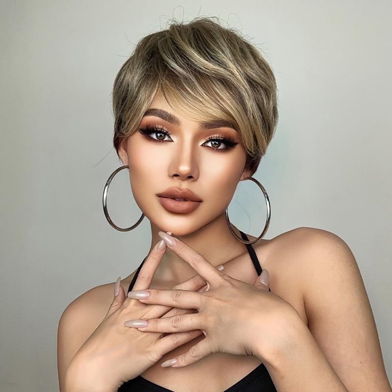 Brown Short Straight Hair Synthetic Wig with Bangs