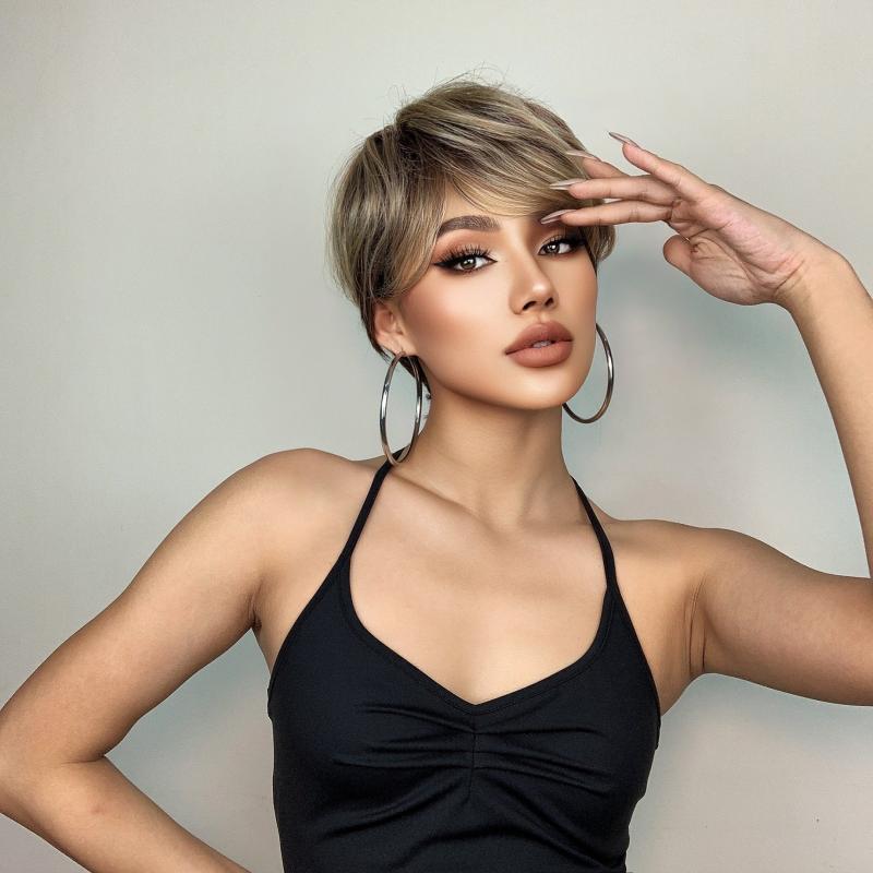 Brown Short Straight Hair Synthetic Wig with Bangs