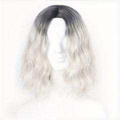 Silver Gray Wavy Bob Wig Shoulder Length Curly Hair