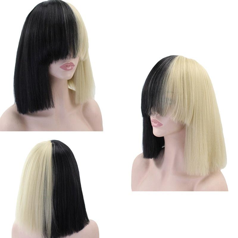 Two Tone Straight Bob Wigs With Bangs Synthetic Hair For Cosplay Halloween