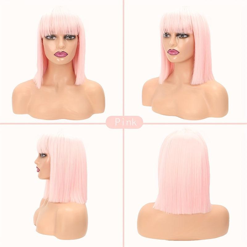 Colorful Short Straight Hair Wigs With Bangs Bob Shoulder Length Synthetic Hair