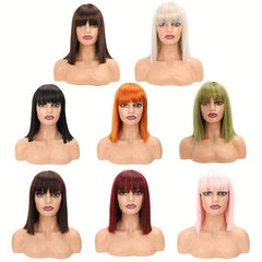 Colorful Short Straight Hair Wigs With Bangs Bob Shoulder Length Synthetic Hair