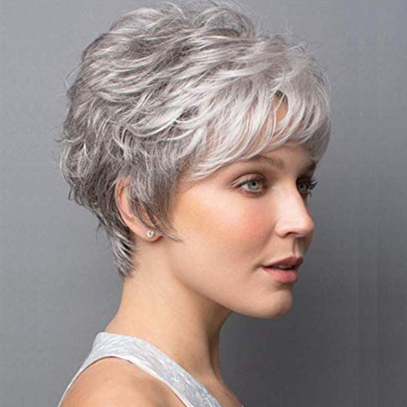 Gray Curly Pixie Cut Wig Natural Looking Short Silver Wigs for Women