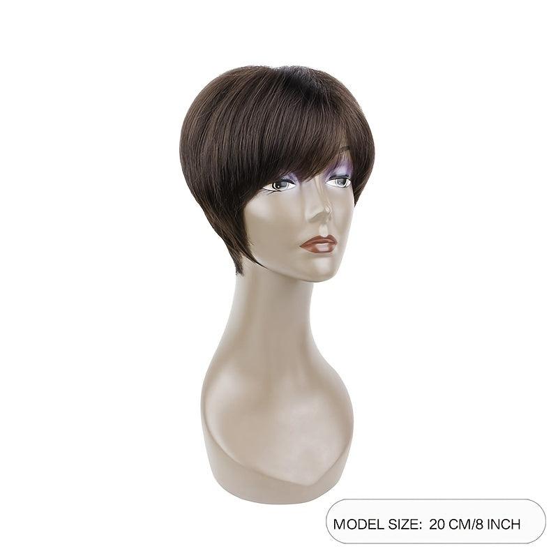 Short Brown Pixie Cut Wig With Bangs Straight Heat Resistant Synthetic Hair