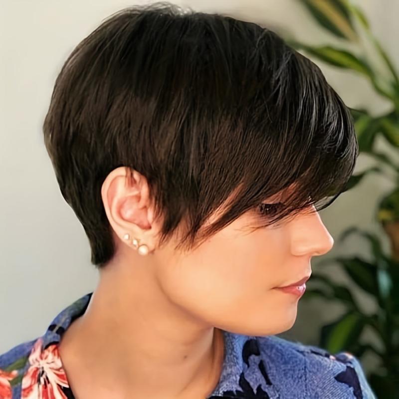 Short Brown Pixie Cut Wig With Bangs Straight Heat Resistant Synthetic Hair