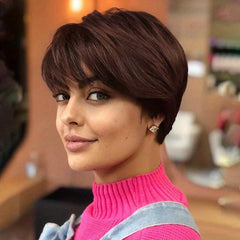 Short Brown Pixie Cut Wig With Bangs Straight Heat Resistant Synthetic Hair