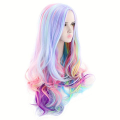 Long Curly Wavy Rainbow Hair Wig Heat Resistant Synthetic Wig