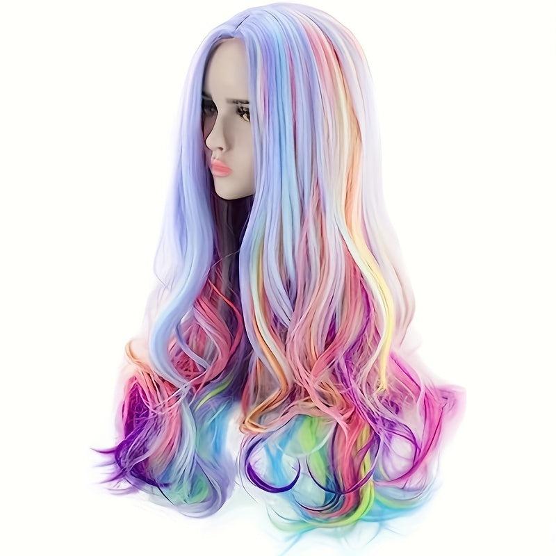 Long Curly Wavy Rainbow Hair Wig Heat Resistant Synthetic Wig