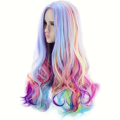 Long Curly Wavy Rainbow Hair Wig Heat Resistant Synthetic Wig