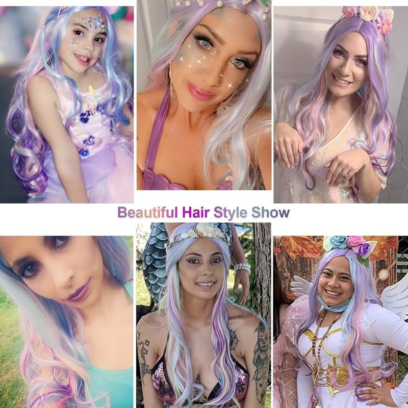 Long Curly Wavy Rainbow Hair Wig Heat Resistant Synthetic Wig