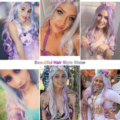 Long Curly Wavy Rainbow Hair Wig Heat Resistant Synthetic Wig