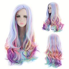 Long Curly Wavy Rainbow Hair Wig Heat Resistant Synthetic Wig