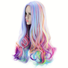Long Curly Wavy Rainbow Hair Wig Heat Resistant Synthetic Wig
