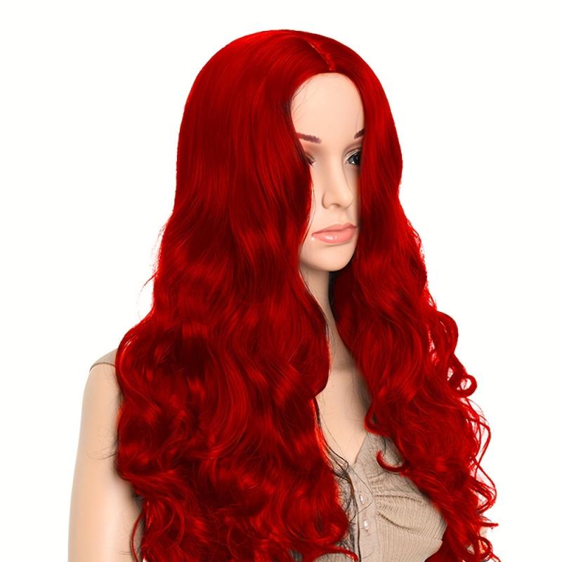 12cm Long Red Wavy Hair Middle Part Synthetic Fiber Wigs for Women