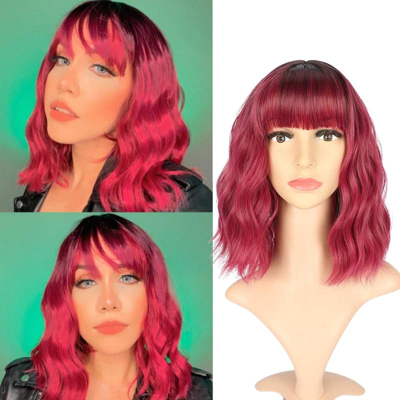 Pastel Wavy Wig With Air Bangs Women's Short Bob Wigs Curly Wavy