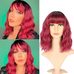 Pastel Wavy Wig With Air Bangs Women's Short Bob Wigs Curly Wavy