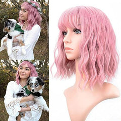 Pastel Wavy Wig With Air Bangs Women's Short Bob Wigs Curly Wavy
