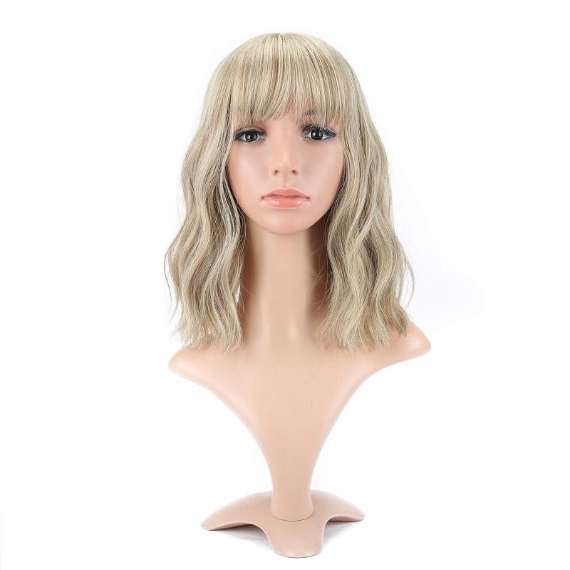 Pastel Wavy Wig With Air Bangs Women's Short Bob Wigs Curly Wavy
