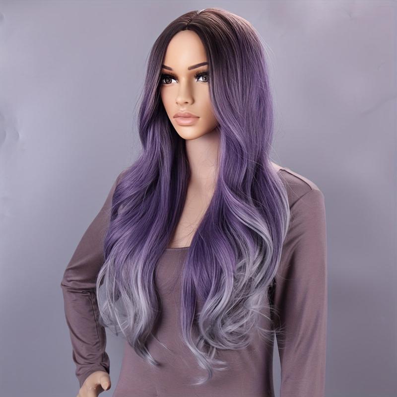 Ombre Purple Long Wavy Wig Middle Part Heat Resistant Cosplay Hair