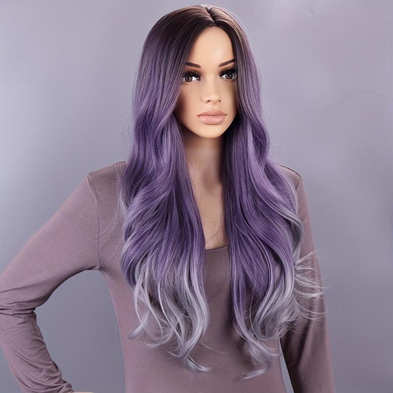 Ombre Purple Long Wavy Wig Middle Part Heat Resistant Cosplay Hair