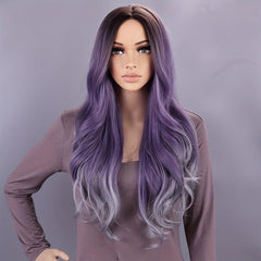 Ombre Purple Long Wavy Wig Middle Part Heat Resistant Cosplay Hair