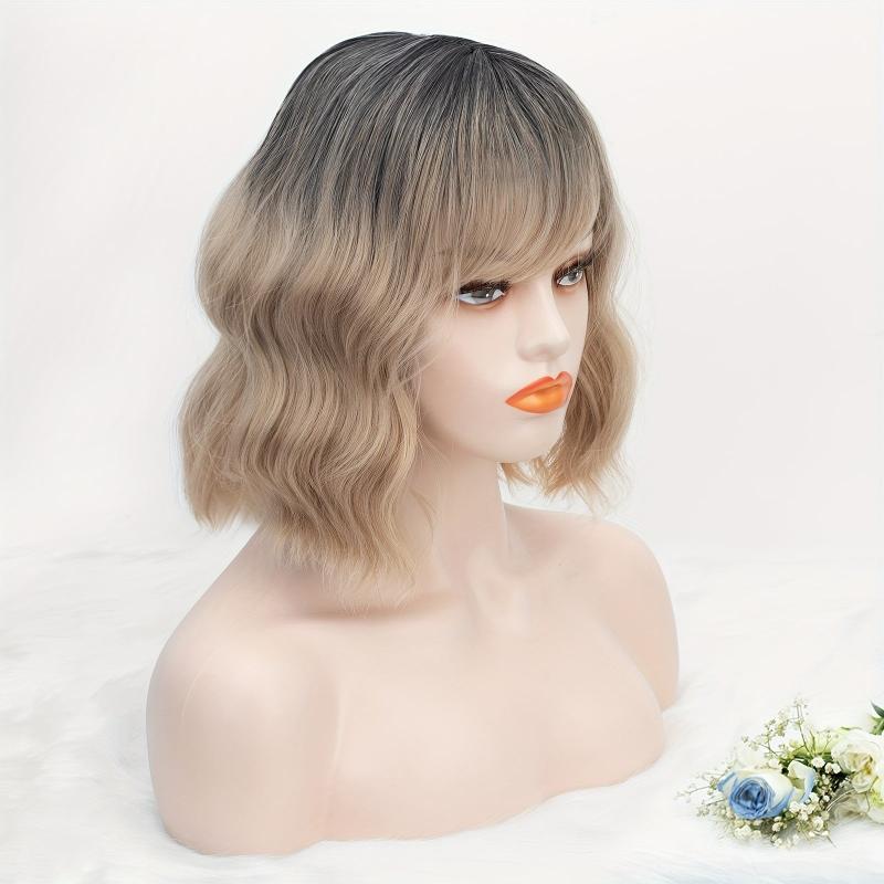 Short Bob Wig Curly Wavy Hair Wigs with Bangs for Women Synthetic Wig