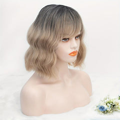 Short Bob Wig Curly Wavy Hair Wigs with Bangs for Women Synthetic Wig