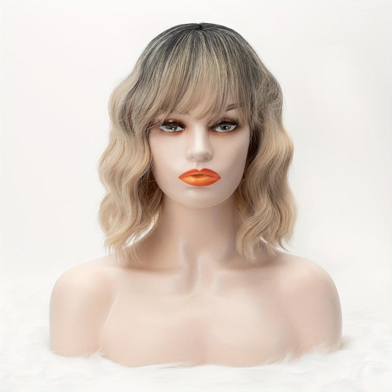Short Bob Wig Curly Wavy Hair Wigs with Bangs for Women Synthetic Wig