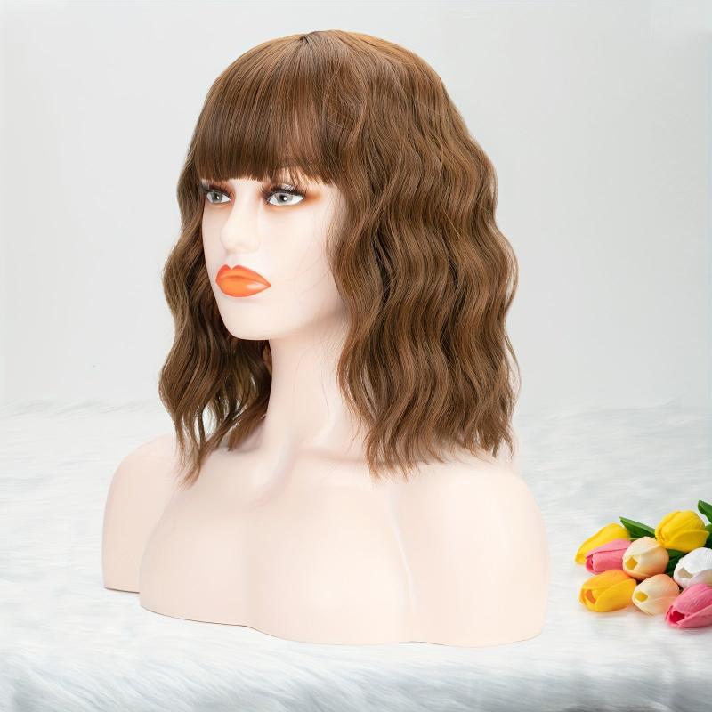 Short Bob Wig Curly Wavy Hair Wigs with Bangs for Women Synthetic Wig