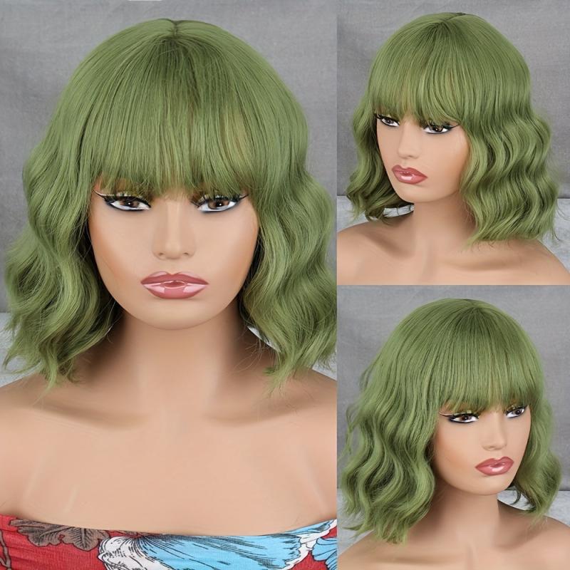 Short Bob Wig With Bangs Wavy Ombre Curly Wig