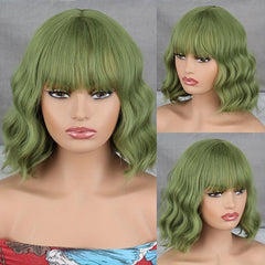 Short Bob Wig With Bangs Wavy Ombre Curly Wig