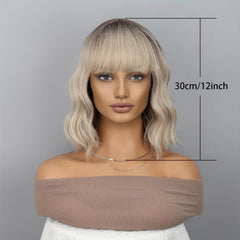 Short Bob Wig With Bangs Wavy Ombre Curly Wig