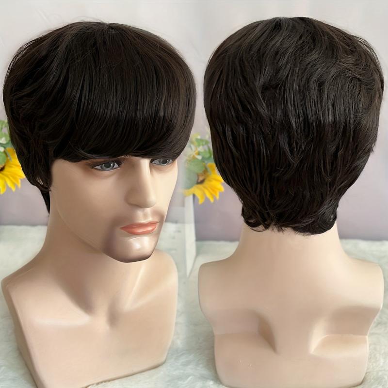 Short Hair Wigs Asymmetry Side Bangs Pixie Cut Synthetic Hair Wig