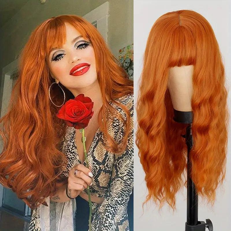 Pink Wavy Synthetic Hair Wig with Bangs for Women Girls
