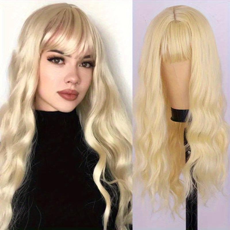 Pink Wavy Synthetic Hair Wig with Bangs for Women Girls