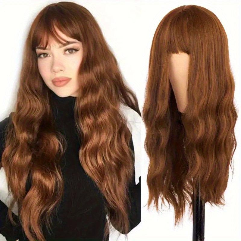 Pink Wavy Synthetic Hair Wig with Bangs for Women Girls