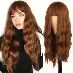 Pink Wavy Synthetic Hair Wig with Bangs for Women Girls