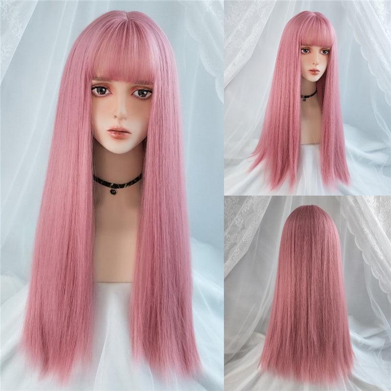 Pink Straight Hair Wig with Bangs for Women