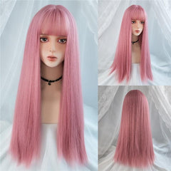 Pink Straight Hair Wig with Bangs for Women
