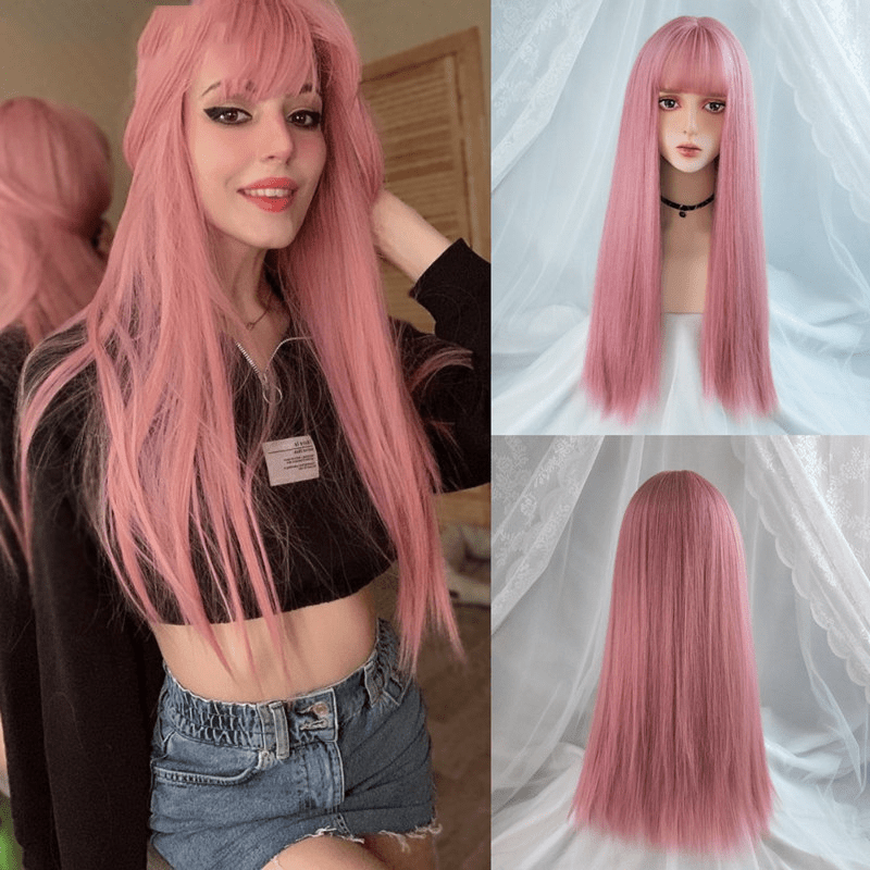 Pink Straight Hair Wig with Bangs for Women