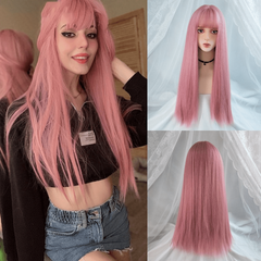 Pink Straight Hair Wig with Bangs for Women