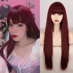 Pink Straight Hair Wig with Bangs for Women