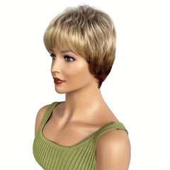 Short Blonde Straight Wigs With Bangs 24 Cm Pixie Cut Synthetic Hair