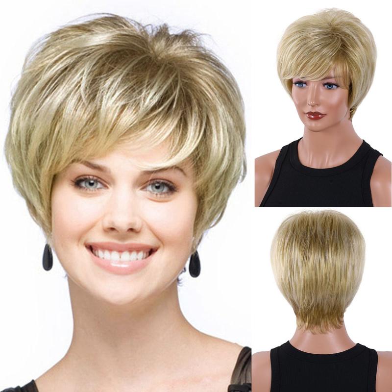 Short Blonde Straight Wigs With Bangs 24 Cm Pixie Cut Synthetic Hair