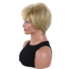 Short Blonde Straight Wigs With Bangs 24 Cm Pixie Cut Synthetic Hair