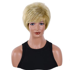 Short Blonde Straight Wigs With Bangs 24 Cm Pixie Cut Synthetic Hair