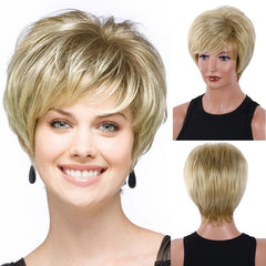 Short Blonde Straight Wigs With Bangs 24 Cm Pixie Cut Synthetic Hair